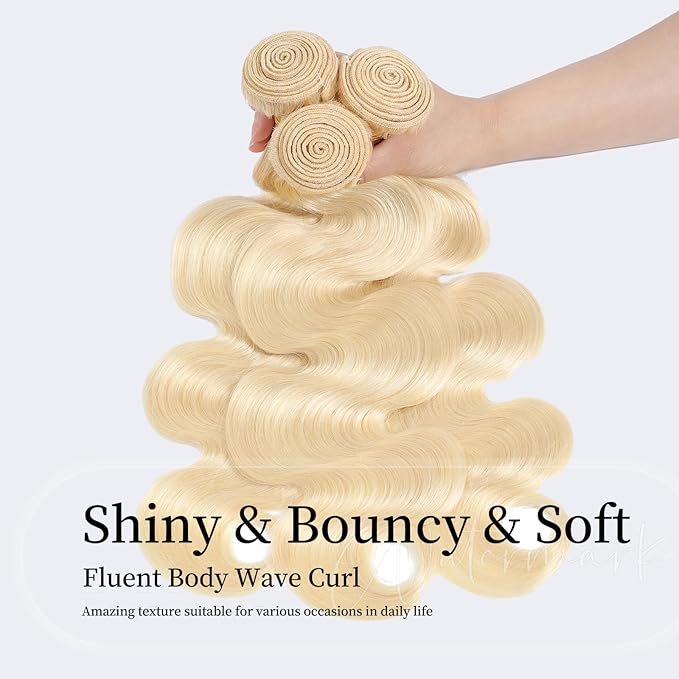 16A 613 Blonde Bundles Human Hair 100% Unprocessed Real Human Hair Body Wave 18 18 18 Inch Highlight Wavy Hair Bundle for Women Quick Weave Hair Deals