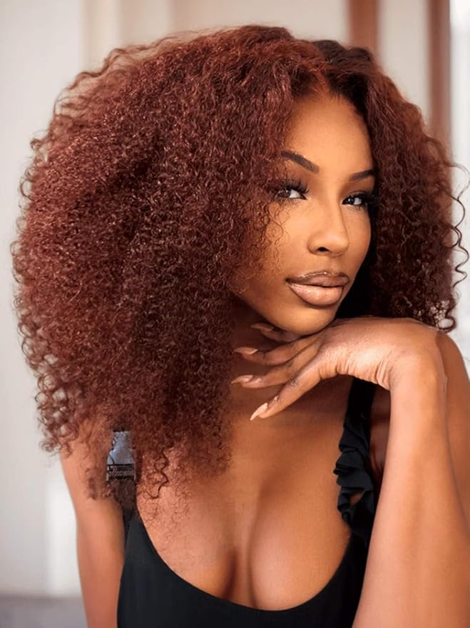 Beauty Forever Bye Bye Knots 7x5 Lace Front Wig Put on and Go Glueless Kinky Curly Human Hair Wigs,Reddish Brown Pre Cut Lace Closure Wigs Pre Plucked Hairline Pre Bleached Knots 150% Density 14inch