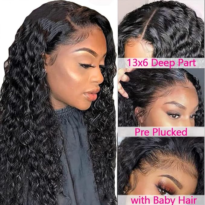 CHEETAHBEAUTY Deep Wave 13X6 HD Transparent Lace Front Wigs Human Hair Brazilian 10A Grade Deep Curly Human Hair Wigs for Black Women Pre Plucked with Baby Hair Natural Black 250% Density(30inch)