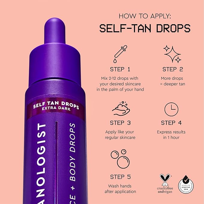 Tanologist Extra Dark Self Tan Drops, Streak-Free Body & Face Tanning Drops, For Moisturizer & Lotion, Natural Face Tanner, Skincare Ingredients, 1.01 fl. oz/30 ml Bottle