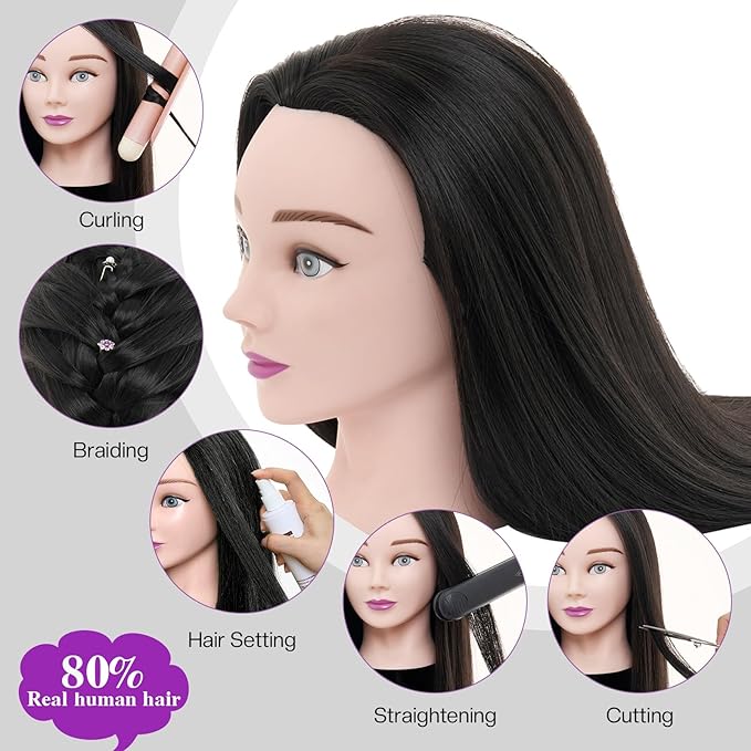 Neverland Beauty Mannequin Head with 80% Real Human Hair, 26 Inch Cosmetology Mannequin Doll Head for Hair Styling, Training Practice Braiding Manikin Head with Table Clamp, Hair Styling Set #1B