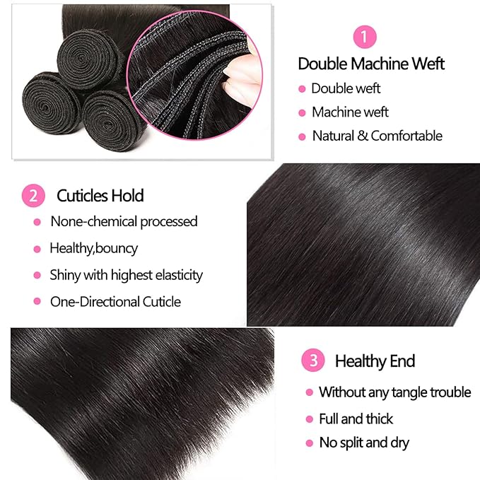 10A Straight Bundles with Closure 24 26 28 with 20 Inch Human Hair Bundles with Closure 100% Unprocessed Brazilian Virgin Human Hair Weave with Closure HD Lace