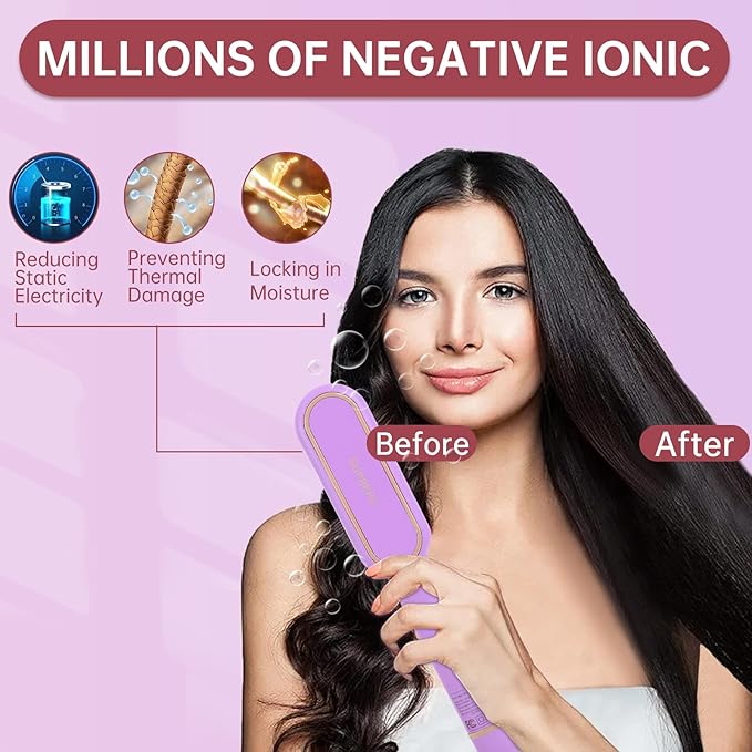 Negative Ionic Hair Straightener Brush with 9 Temp Settings, 30s Fast Heating Hair Straightening Comb with LED Display, Anti-Scald & Auto-Shut Off Hair Brush Straightener for Women (Purple)