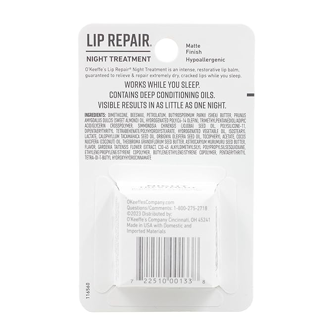 O'Keeffe's Lip Repair Night Treatment Lip Balm for Dry, Cracked Lips - 0.25 Ounce Jar (1 Pack) - Moisturizer Extremely Cracked, Dry Lips