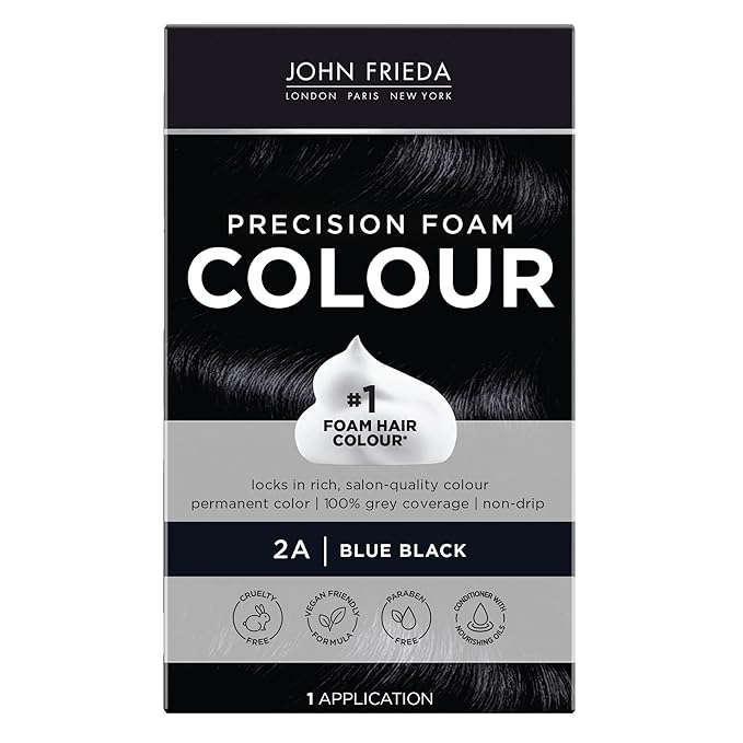 John Frieda Precision Foam Colour, Blue Black 2A, Full-coverage Hair Color Kit, Anti-Fade Gray Coverage, Deep Color Saturation Hair Dye, 1 Application
