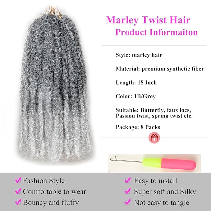 Marley Twist Braiding Hair 18 Inch 8 Packs โ Long-Lasting Marley Hair, Fluffy&Tangle-Free Cuban Twist Hair for Braiding, Natural Look Synthetic Spring Afro Kinky Twist Hair Extensions (1B/Grey)