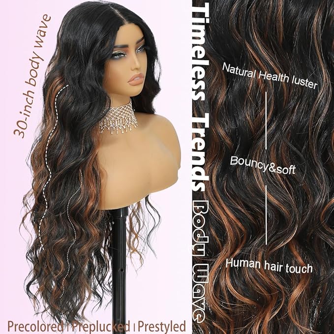 30 Inch Synthetic Lace Front Wig, 4X1 Glueless Pre-Cut Lace Wear and GO Synthetic Wavy Wig for Women Body Wave Middle Part, Beginner-Friendly for Daily Use (Black mix Brown)