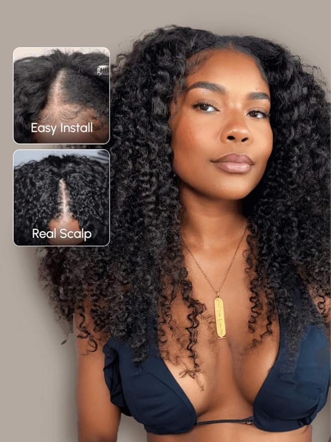 Beauty Forever V Part Curly Wig Human Hair EasiContour Vpart Wigs No Leave Out Glueless Upgraded U Part Wigs for Women Clip In Half Wig None Lace Front Wigs Natural Color 150% Density 18inch