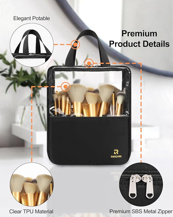 MONSTINA Extra Large Makeup Brush Organizer Bag,High Capacity Portable Stand-Up Makeup Brush Holder,Professional Artist Makeup Case Transparent Clear