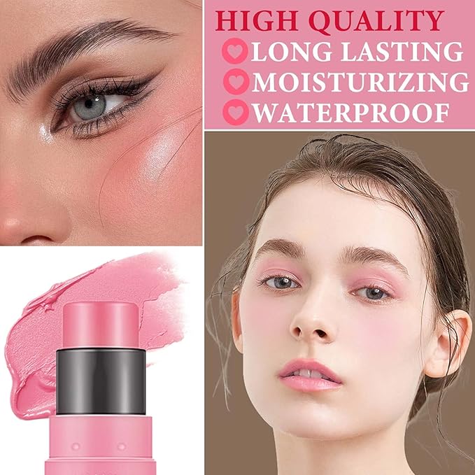 Cream Blush Stick,Blush Stick for Cheeks with Contour Tea Pink)