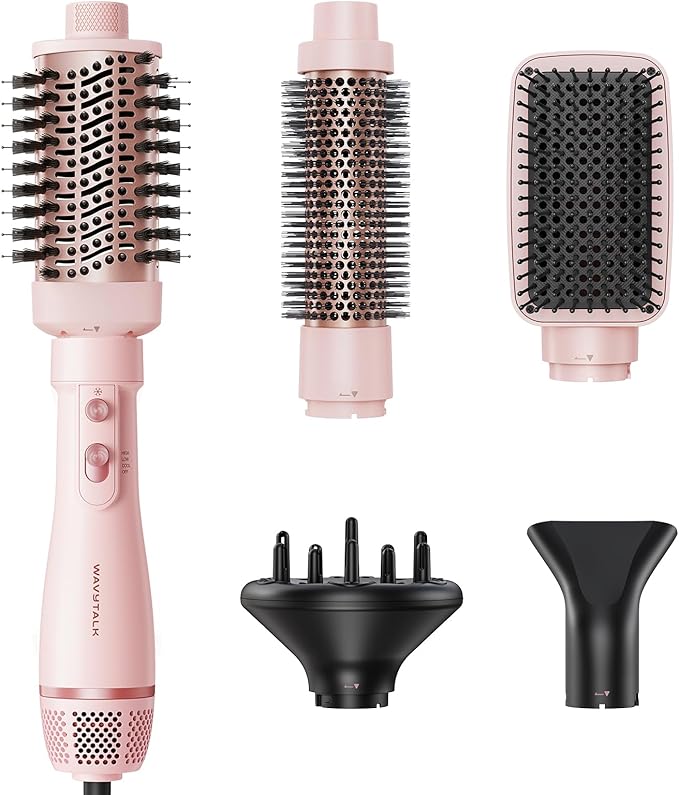 Blow Dryer Brush Set, Wavytalk Air Sculpt 5-in-1 Hot Air Brush Set, Multi Hair Styler for Salon Blowouts, Smooth Curls, Volumizing and Straightening, Sleek and Less Frizz, Pink