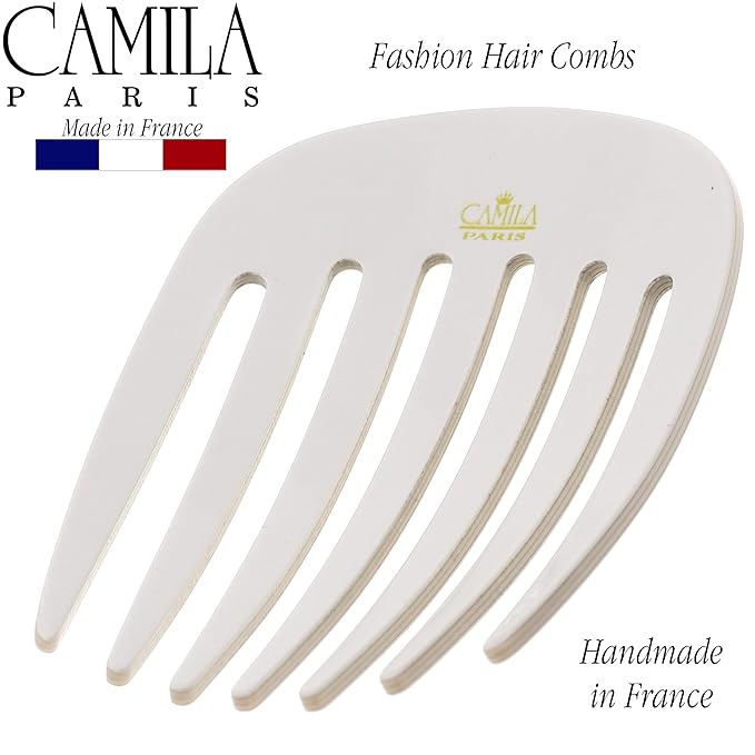 Camila Paris CP3404 French Hair Side Comb Rounded, White Pearl, Handmade French Twist Hair Combs, Strong Hold Hair Clips for Women Bun Chignon, No Slip Styling Girls Hair Accessories Made in France