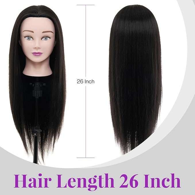 Neverland Beauty Mannequin Head with 80% Real Human Hair, 26 Inch Cosmetology Mannequin Doll Head for Hair Styling, Training Practice Braiding Manikin Head with Table Clamp, Hair Styling Set #1B