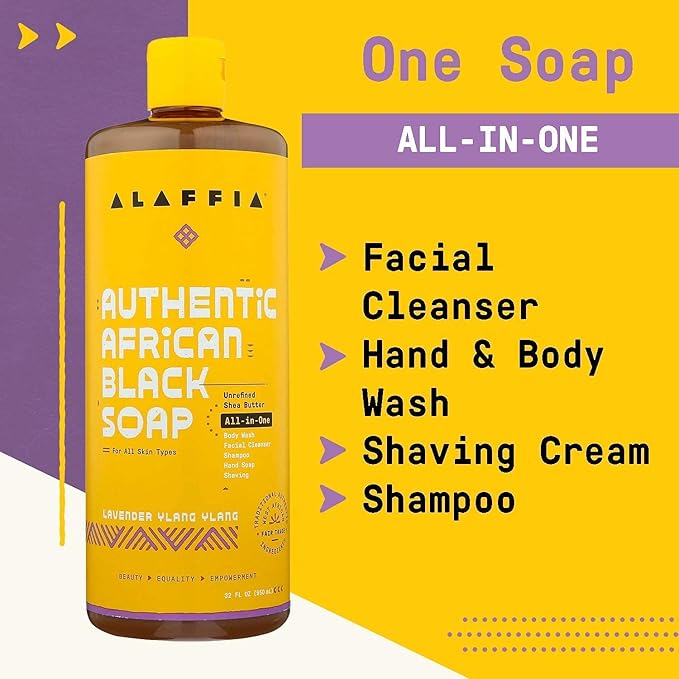 Alaffia Skin Care, Authentic African Black Soap, All in One Body Wash, Face Wash, Shampoo & Shaving Soap with Fair Trade Shea Butter Lavender Ylang Ylang 32 Fl Oz