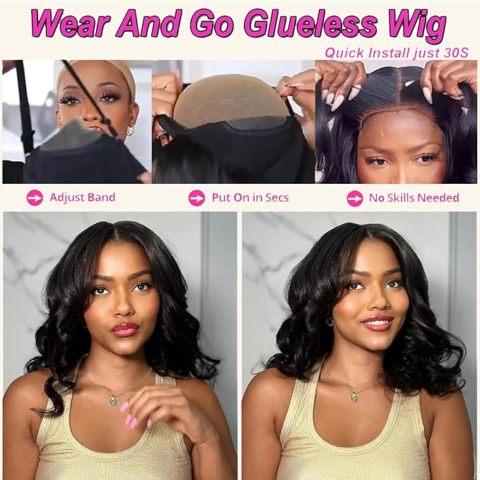 Body Wave Bob Wig Human Hair Wear and Go Glueless Wigs Human Hair Pre Plucked Pre Cut 200% Density 4x4 HD Lace Closure Wigs for Black Women 12 Inch