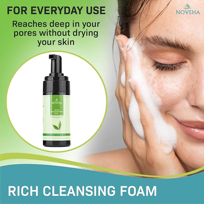 NOVEHA Tea Tree Oil Foaming Cleanser - Therapeutic Daily Skincare For For Eyelash & lids, MGD, Stye Eyes, Skin Dryness, Moisturize with Organic Ingredients, For All Skin Types (2 Pack)