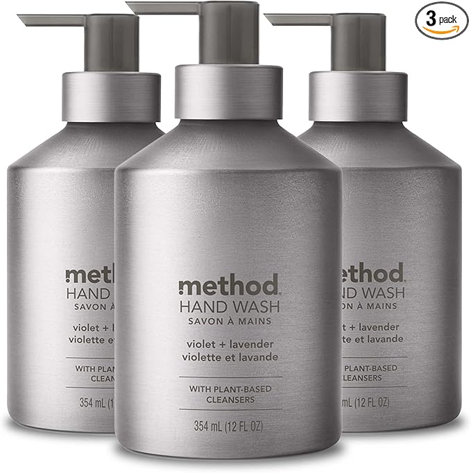 Method Gel Hand Soap, Violet + Lavender, Reusable Silver Aluminum Bottle, Biodegradable Formula, 12 oz (Pack of 3)
