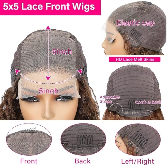 5x5 Highlight Water Wave Closure Wigs Human Hair 180% Density Curly Human Hair Wig Pre Plucked 26inch P4/27 Ombre 5x5 HD Lace Closure Wigs for Women(427curly 26inch)