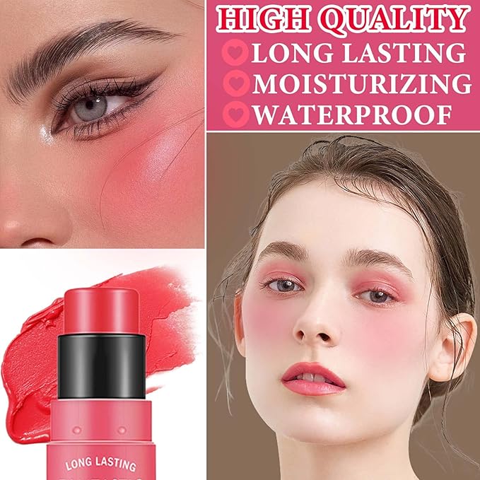 Cream Blush Stick,Blush Stick for Cheeks with Contour Rose Pink)