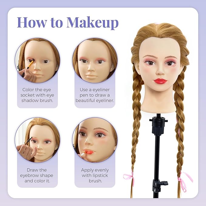 Neverland Beauty Mannequin Head with 60% Real Human Hair, 26 Inch Makeup Cosmetology Mannequin Doll Head for Hair Styling, Training Practice Braiding Manikin Head with False Eyelashes Hair Styling Set