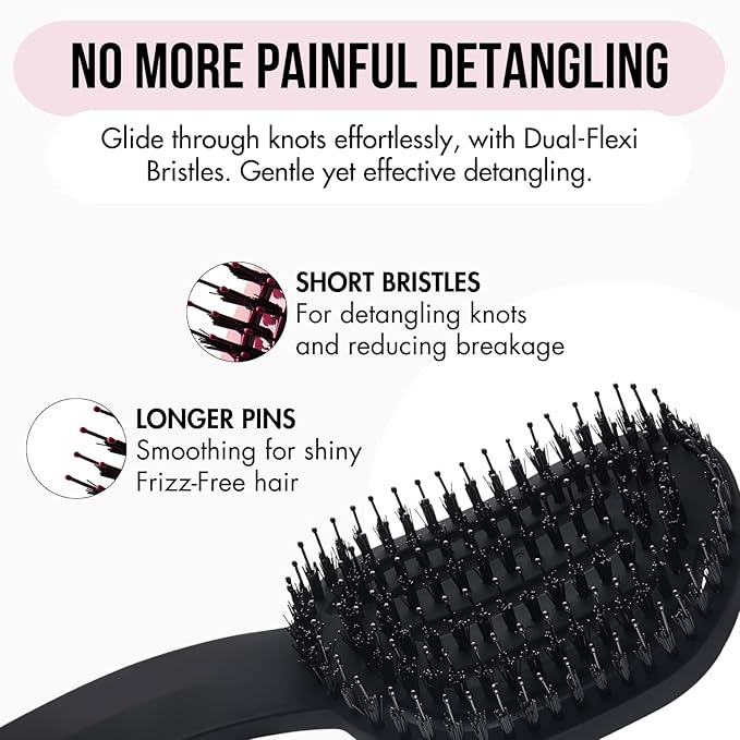 MOYOKO Detangler Brush for Curly Hair, Thick, Straight - Ergonomic Curved Detangling Hair Brush for Women, Girls, Prevents Breakage, Detangle Shower Hairbrush for Wet & Dry Hair (Black)