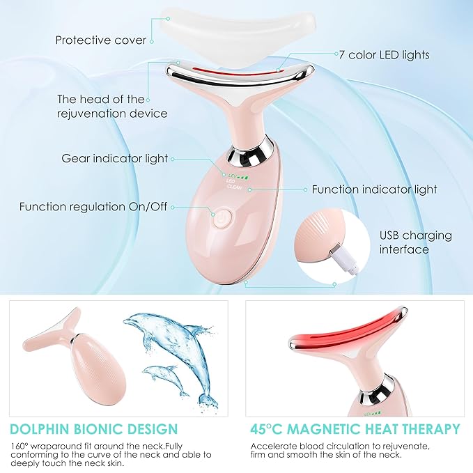 Facial Massager for Face and Neck, Red-Light-Therapy-for-Face and Neck, Face culpting Wand with 7 Color, at-Home Face Tool for Skin Care (Pink)