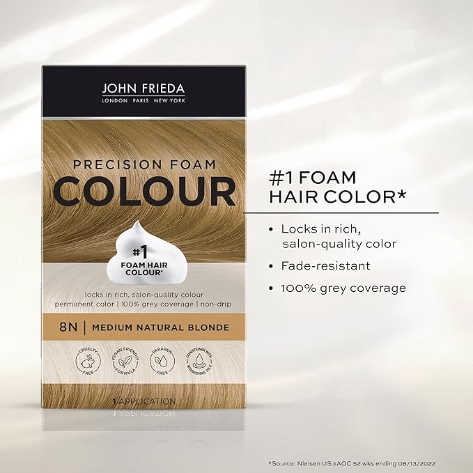 John Frieda Precision Foam Colour, Medium Natural Blonde 8N, Full-coverage Hair Color Kit, Anti-Fade Gray Coverage, Deep Color Saturation Hair Dye, Pack of 2