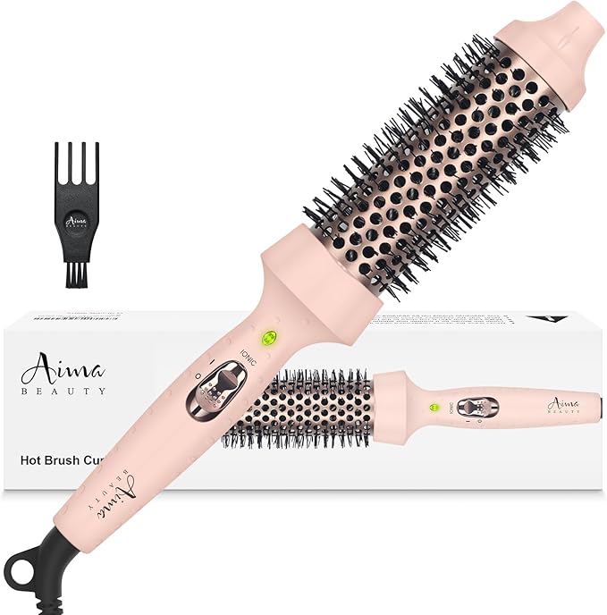 Aima Beauty Hair Curling Iron Brush, 1.5"40mm Ceramic Hot Brush with Ion Technology for Root Volume and Quick Curls - Dual Voltage & 60Mins Auto-Off, Pink