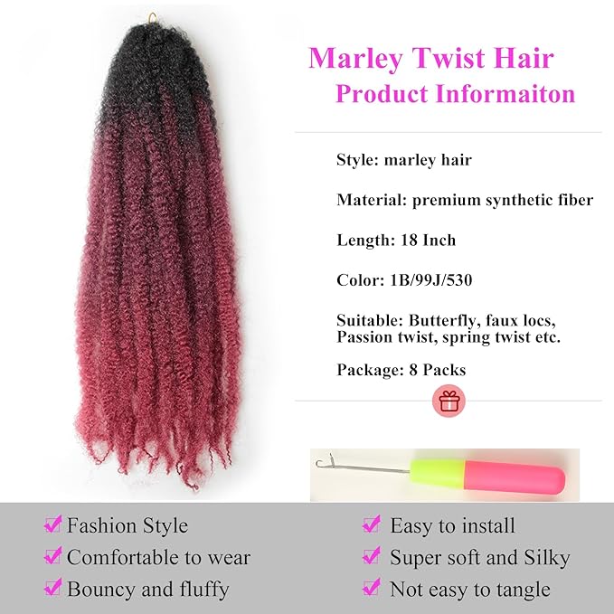 Marley Twist Braiding Hair 18 Inch 8 Packs โ Fluffy&Tangle-Free Cuban Twist Hair for Braiding, Natural Look Synthetic Long-Lasting Spring Afro Kinky Twist Hair Extensions (T1B/99J/530)