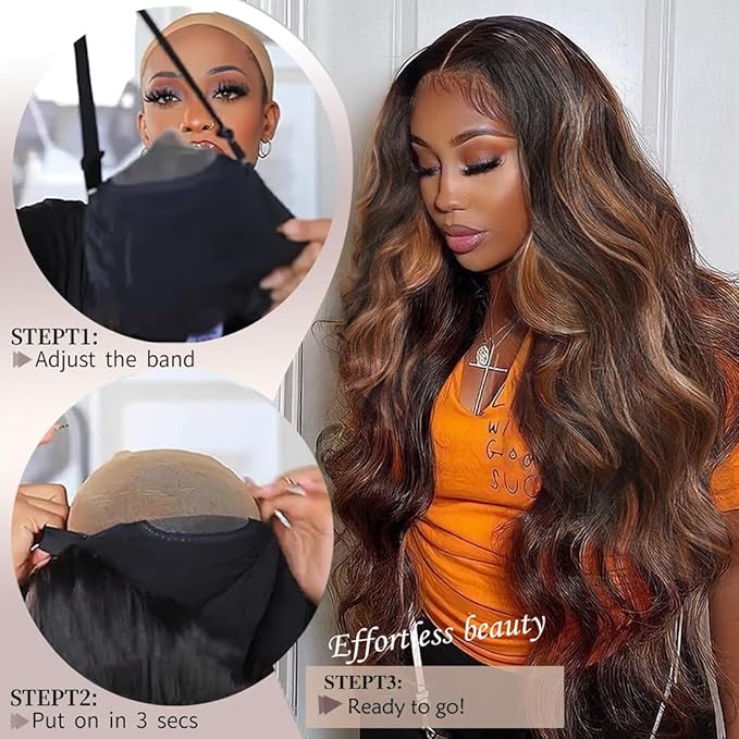 Balayage Brown 4x1 Pre Cut Lace Synthetic Lace Front Wig with Baby Hair Heat Friendly Body Wave Ombre Wig for Women 30 Inch Glueless Ready to Wear Synthetic Hair