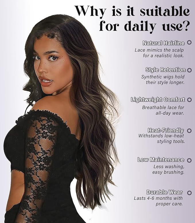 13x4 Synthetic Lace Front Wig Long Wavy Dark Brown Wig with Realistic Hairline 26 inch Pre Plucked Body Wave Lace Wig for Daily Party Use