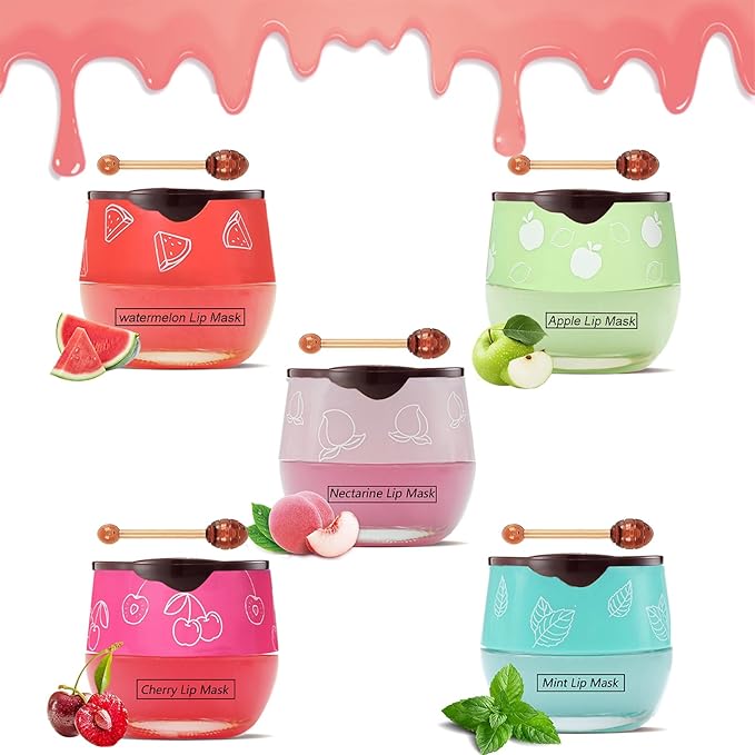 5PCS Bee Lip Balm Honey Pot,Mint&Juicy Peach&Watermelon&Cherry&Apple&Coconut Lip Mask Overnight Propolis Moisturizing Lip Balm Hydrating Prevention Dry and Crack Lip Scrubs Exfoliator Lip Wrinkle Care