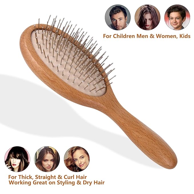 Hair Brush, Wooden Hairbrush with Metal Bristles, Stimulates Scalp for Hair Growth, Gift for Mother's & Father's & Friends, All Hair Types