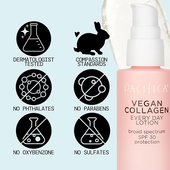Pacifica Face Moisturizer - Vegan Collagen Face Lotion SPF 30 Broad Spectrum Sunscreen Every Day Face Lotion, UVA/UVB Protection for All Skin Types, Lightweight, Hydrating, Cruelty Free