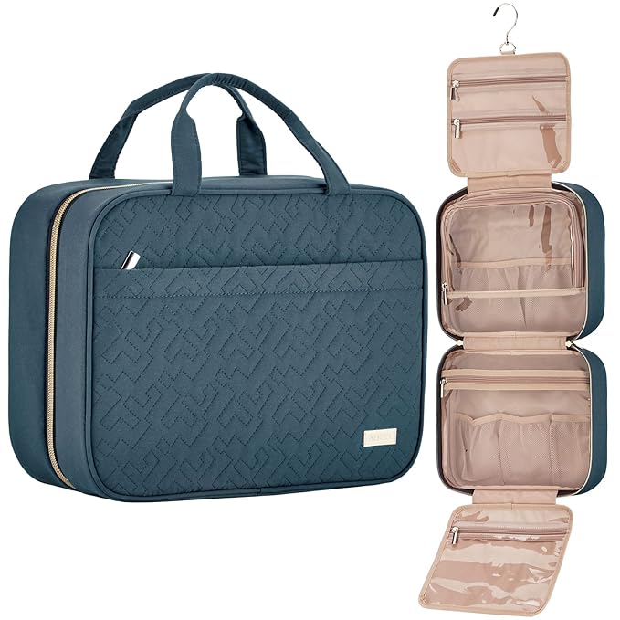 NISHEL Travel Toiletry Bag for women, Portable Hanging Organizer for Full-Sized Shampoo, Conditioner, Brushes Set, Makeup Accessories, Large Size, Lake-Blue