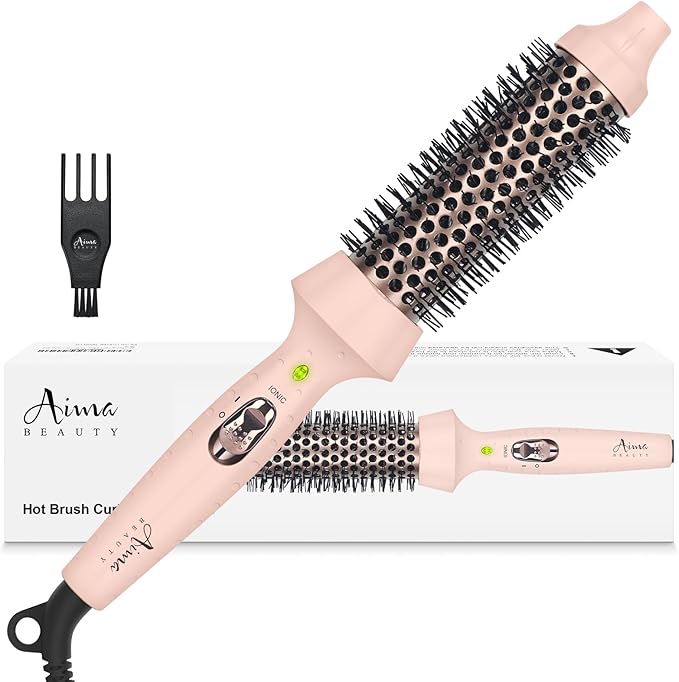 Aima Beauty Hot Brush, 1.3"/35mm Heated Curling Brush, Ion Hair Care Thermal Round Brush Makes Hair Smoother & Softer, Create Voluminous Curls Effortlessly, Dual Voltage, 60Mins Auto-Off, Pink