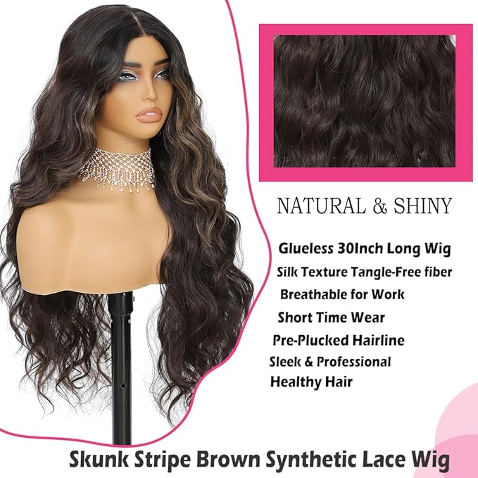 30 Inch Synthetic Lace Front Wig, 4X1 Glueless Pre-Cut Lace Wear and GO Synthetic Wavy Wig for Women Body Wave Middle Part, Beginner-Friendly for Daily Use (Skunk Stripe Brown)