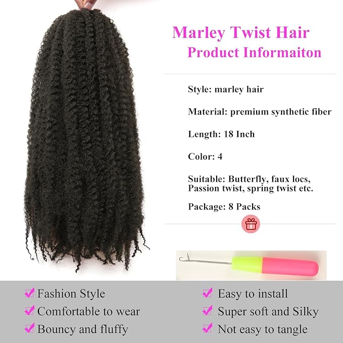 Marley Twist Braiding Hair 18 Inch 8 Packs โ Long-Lasting Marley Hair, Fluffy&Tangle-Free Cuban Twist Hair for Braiding, Natural Look Synthetic Spring Afro Kinky Twist Hair Extensions (4)