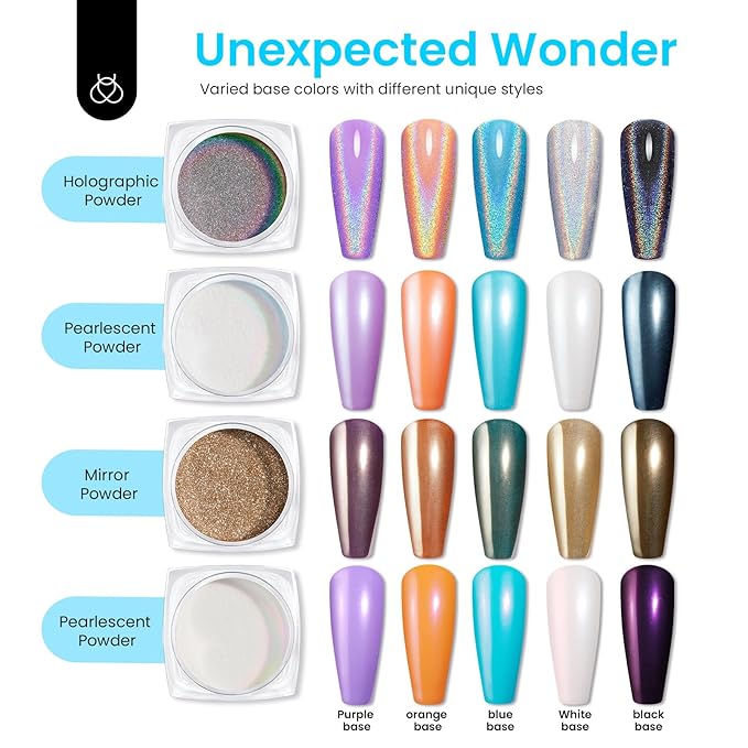 Beetles Gold Chrome Nail Powder for Nails Mirror Effect Holographic Shell White Nail Glitter Kit for Nail Art Decoration 4 Colors 0.5g/Jar