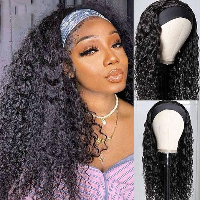 Beauty Forever Headband Human Hair Wigs Water Wave Glueless Human Hair Wigs With Pre-attached Scarf Non Lace Front Wigs for women Natural Color 150% Density 18 Inch