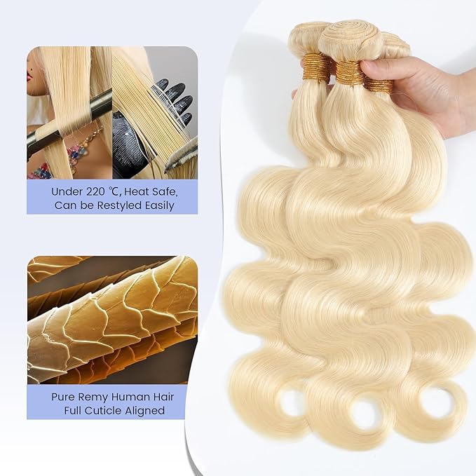 16A 613 Blonde Bundles Human Hair 100% Unprocessed Real Human Hair Body Wave 18 18 18 Inch Highlight Wavy Hair Bundle for Women Quick Weave Hair Deals