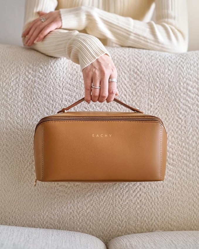 EACHY Travel Makeup Bag,Large Capacity Cosmetic Bags for Women,Waterproof Portable Pouch Open Flat Toiletry Bag Make up Organizer with Divider and Handle