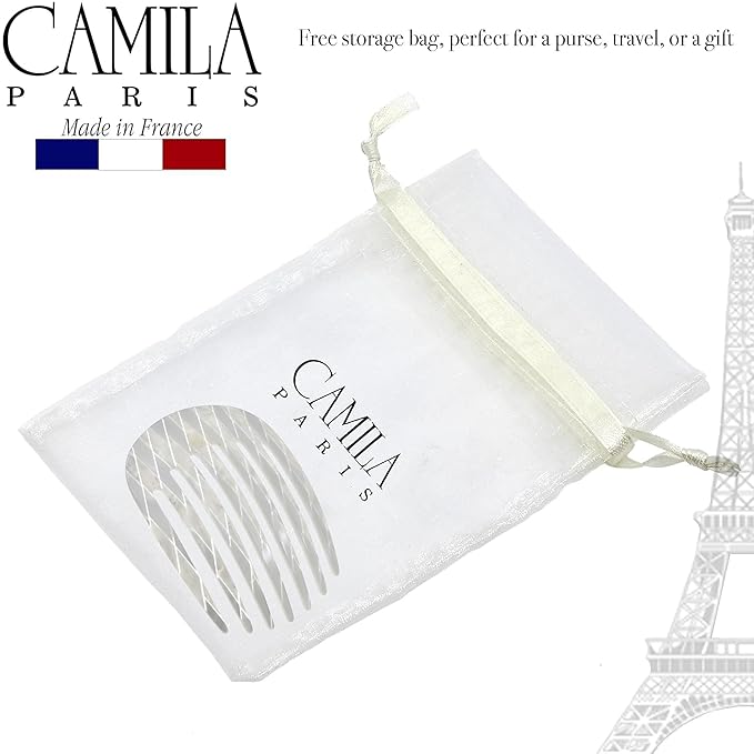 Camila Paris CP3408 French Hair Side Comb Rounded, Nacro White, Handmade French Twist Hair Combs, Strong Hold Hair Clips for Women Bun Chignon, No Slip Styling Girls Hair Accessories Made in France