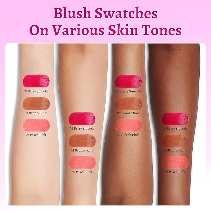 UCANBE 3PCS Liquid Blush Set – Dewy Cream Blush Makeup for Cheeks – Lightweight Long Lasting Blendable Buildable Formula for Natural Flush(Berry Smooch, Bronze Rose, Peach Pink)