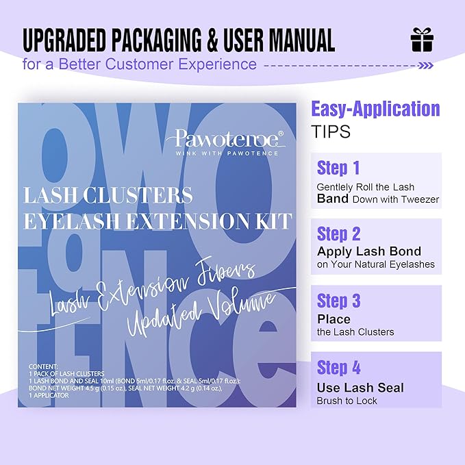 Pawotence Lash Clusters Kit 40D Individual Lashes Extension Kit DIY 280pcs 9-16mm Cluster Eyelash Extension Kit with Lash Bond and Seal, Lash Tweezers for Self Use (40D, 0.07D, 9-16mm, Kit)
