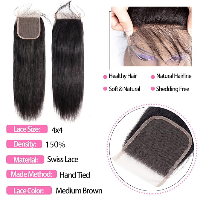 10A Straight Bundles with Closure 18 20 22 with 16 Inch Human Hair Bundles with Closure 100% Unprocessed Brazilian Virgin Human Hair Weave with Closure HD Lace