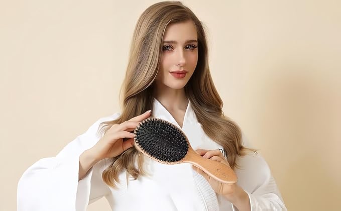 Paddle Hair Brush with Boar Bristles for All Hair Types, Professional Styling Brush for Men, Women (Brown)