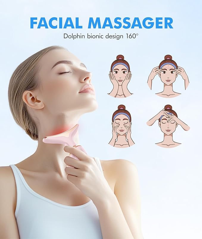 Red-Light-Therapy-for-Face-and-Neck, 7 Color Face Massager Tool for Wrinkles, Double Chin, Vibrating Facial Massager with Thermals for Skin Care, Glossy Pink