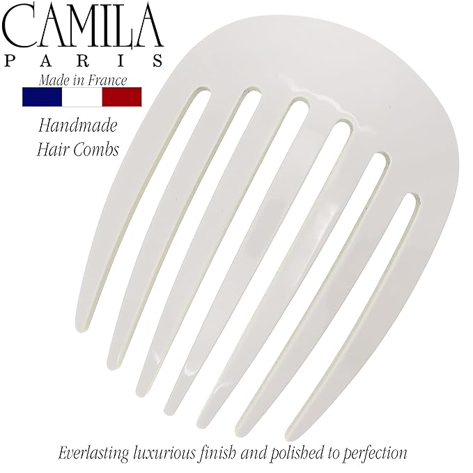 Camila Paris CP3404 French Hair Side Comb Rounded, White Pearl, Handmade French Twist Hair Combs, Strong Hold Hair Clips for Women Bun Chignon, No Slip Styling Girls Hair Accessories Made in France