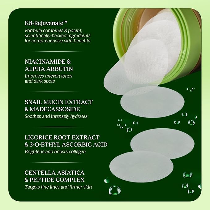 Korean Skincare Anti-Aging, Dark Spot & Wrinkle Minimizing Toner Pads - Hydrating with Snail Mucin, Centella Asiatica, Niacinamide, Peptides - For Polished & Youthful Skin - 100 Count
